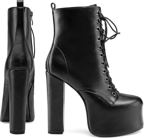 Miniatura 4 de Perisis Botines de plataforma de tacón alto grueso para mujer, botines de tacón con cordones de cuero a la moda con cremalleras