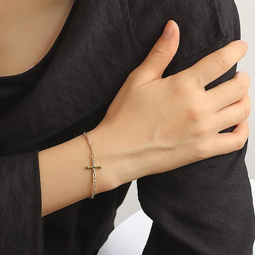 Miniatura 3 de Pulsera de cruz para mujer, chapada en oro de 18 quilates, pulsera de eslabones de cadena cubana, pulsera de oro para mujer, regalos de confirmación