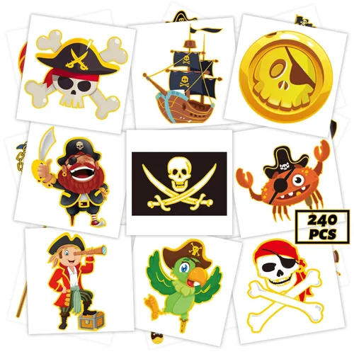 winthrop 240 tatuajes temporales con purpurina pirata a granel, color oro destello envueltos individualmente, tatuajes de seguridad impermeables, la