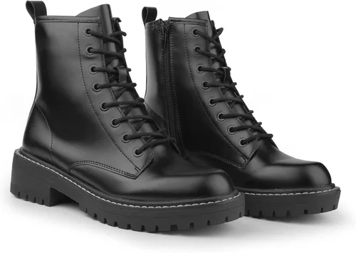 Miniatura 2 de ICHIGO Botines al tobillo de moda para mujer, botas de combate con 8 ojales, cremallera lateral y cordones