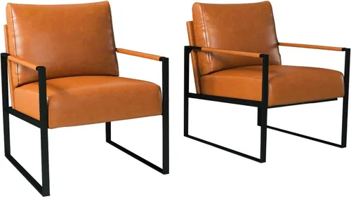 Miniatura 15 de INZOY Silla decorativa de cuero con marco de metal, cómoda silla de sala de estar con respaldo y cojín, silla moderna de mediados de siglo con Marrón