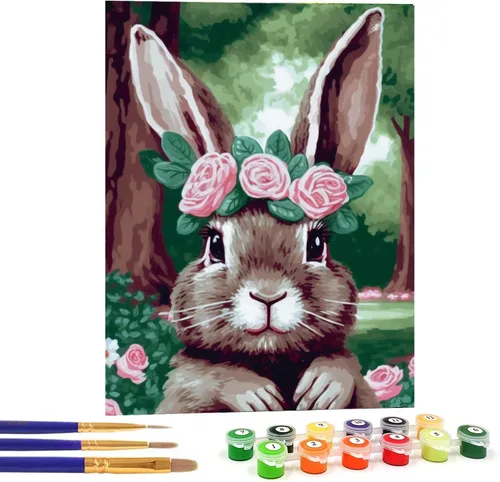 Bimkole Kit de pintura de conejo por números, pintura al óleo de animales sobre lienzo, pintura acrílica para principiantes con pinceles, perfecta