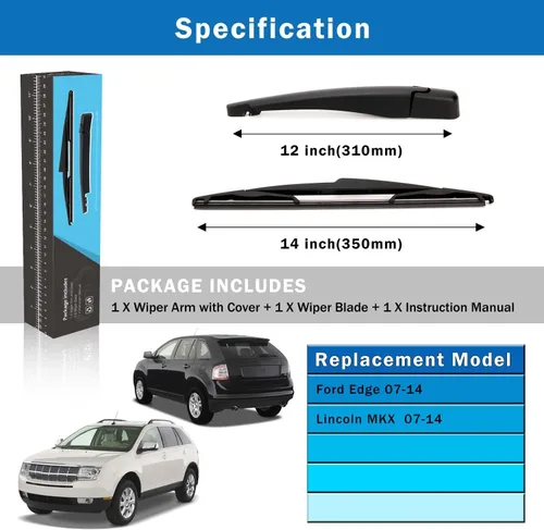 Miniatura 5 de WTI Juego de brazo y escobillas para limpiaparabrisas trasero Compatible con Ford Edge 2007-2014 / Compatible con Lincoln MKX 2007-2014 SUV Conjunto