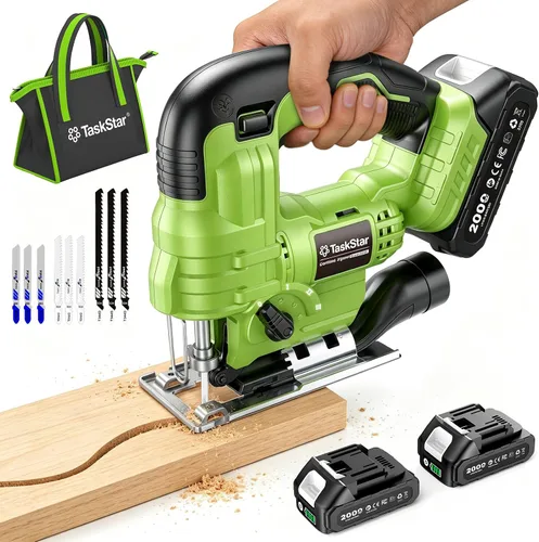 TaskStar - Sierra de calar inalámbrica con baterías y cargador | Jigsaw Tool wtih 9 Blades for Wood, Metal, PVC, ±45° Bevel Cutting, 4 Orbital