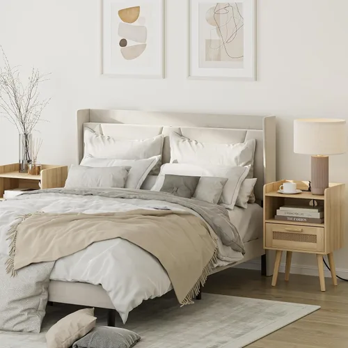 Miniatura 8 de Masupu Mesita de noche, mesita de noche pequeña con dos cajones, mesita de noche blanca, muebles de noche, mesa auxiliar moderna de mediados