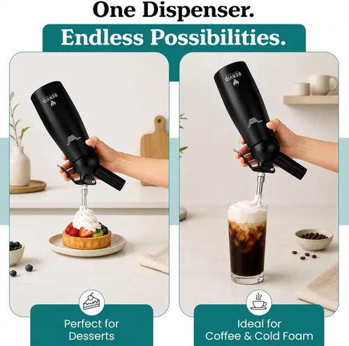 Miniatura 7 de Dispensador profesional de crema batida, recipiente de aluminio de 16.9 fl oz con 2 juegos de puntas de acero inoxidable y plástico, cepillo de Negro