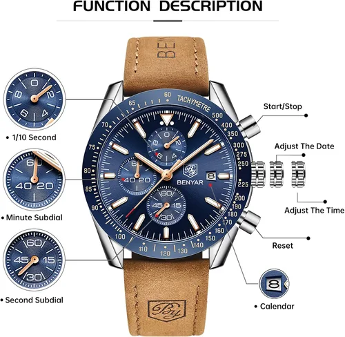 Miniatura 2 de BENYAR Mens Watches Quartz Movement Chronograph Leather Strap Fashion Business Sport Design 30M Waterproof Scratch Resistant Wristwatch Elegant