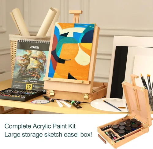 Miniatura 3 de VISWIN Juego de pintura acrílica de 51 piezas con caballete de mesa, kit de pintura con 12 pinturas acrílicas, lienzos, pinceles, paleta, bloc