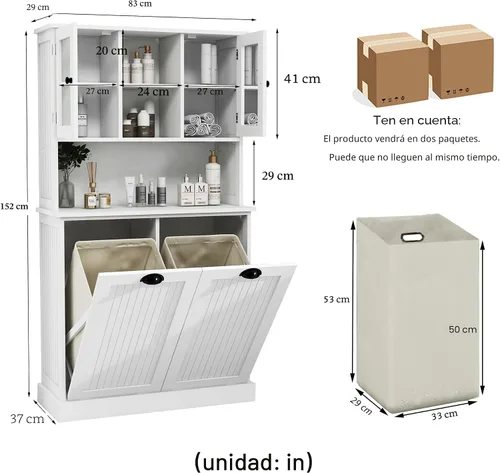 Miniatura 2 de Cesto de Ropa Sucia Alto con Puertas Dobles Abatibles, Gabinetes Grandes de Almacenamiento Extraíbles para Cuarto de Lavado, Gabinete de Baño