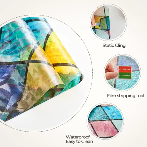 Miniatura 7 de Lámina de privacidad para ventana Windimiley con diseño de vidrio manchado: adhesivo estático decorativo floral 3D arcoíris con control de calor