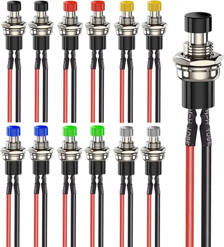 Miniatura 13 de Gebildet 10 piezas de botón de presión momentáneo mini precableado negro 3V-6V-12V-24V-230V/1A, SPST normalmente abierto ON/Off, botón redondo de 2