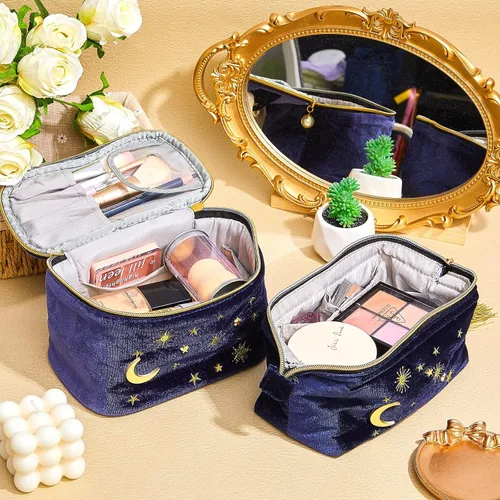 Miniatura 5 de Patelai 2 bolsas de maquillaje de terciopelo con estrellas y luna, bolsas de cosméticos góticas bordadas, bolsa de maquillaje portátil de viaje