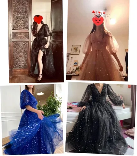 Miniatura 6 de Vestidos de fiesta de tul estrellado brillante para mujer, vestidos de noche con mangas abombadas, vestido de fiesta formal con bolsillos
