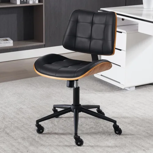Silla de escritorio de oficina en casa con ruedas, silla de oficina sin brazos de altura ajustable, piel sintética, respaldo medio, silla de Negro