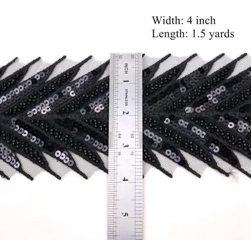 Miniatura 2 de Cinta de encaje con cuentas de encaje negro apliques de lentejuelas encaje de malla de flecha de encaje para coser, decoración de ropa