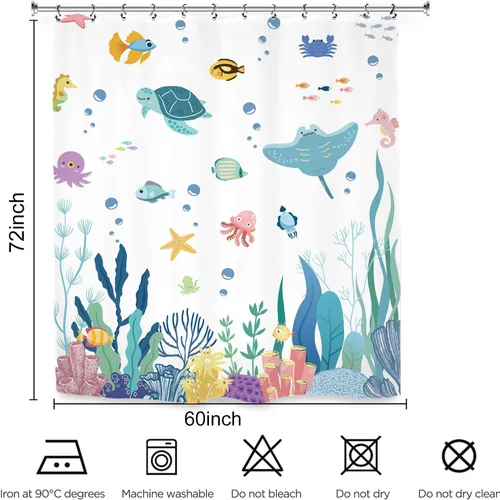Miniatura 3 de Cortina de ducha para niños, 60 pulgadas de ancho x 72 pulgadas de largo, linda tortuga corales submarinos para niños y niñas, peces marinos, juego
