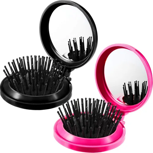 Boao Paquete de 2 Cepillos de Cabello con Espejo de Viaje Plegables Redondos Portátiles Plegables de Bolsillo Mini Peine Compacto de Tamaño de Viaje