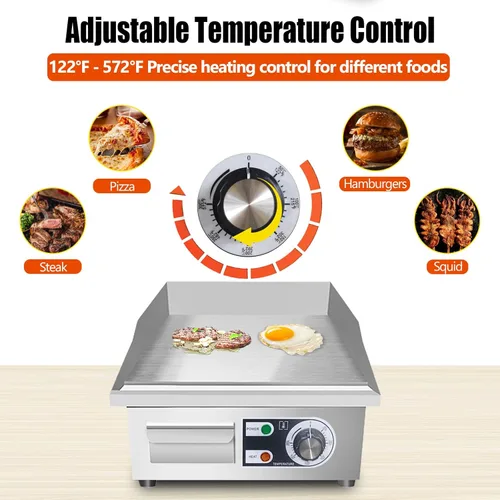 Miniatura 4 de Plancha eléctrica comercial de 14 pulgadas, plancha eléctrica de encimera plana, parrilla eléctrica superior plana de 110 V 1500 W, parrilla