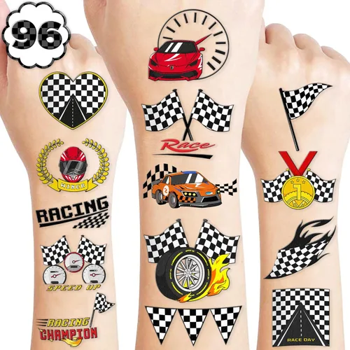96 tatuajes temporales de bandera a cuadros para niños, recuerdos de fiesta de autos de carreras y decoraciones de cumpleaños, calcomanías falsas