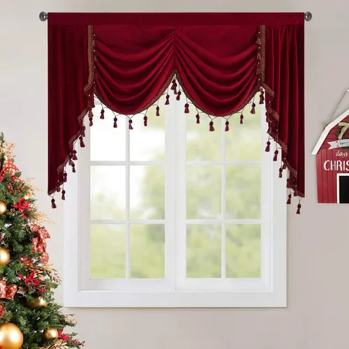 Miniatura 64 de StangH Cortinas decorativas de lujo, cenefa azul con bloqueo de luz, cenefa festoneada para ventana pequeña con bolsillo sólido para barra, cortina
