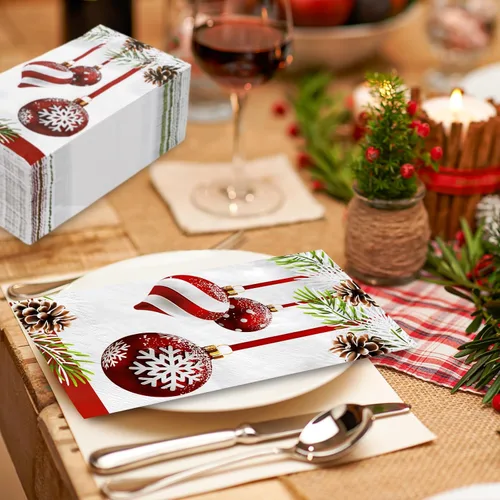 Miniatura 5 de AnyDesign Paquete de 100 servilletas de Navidad para invitados, bola colgante de Navidad, patrón de cono de pino, servilletas de papel desechables