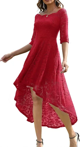 MUADRESS Vestido de fiesta de dama de honor de encaje floral para mujer, dobladillo alto y bajo, cuello en V, vestidos formales para boda, cóctel