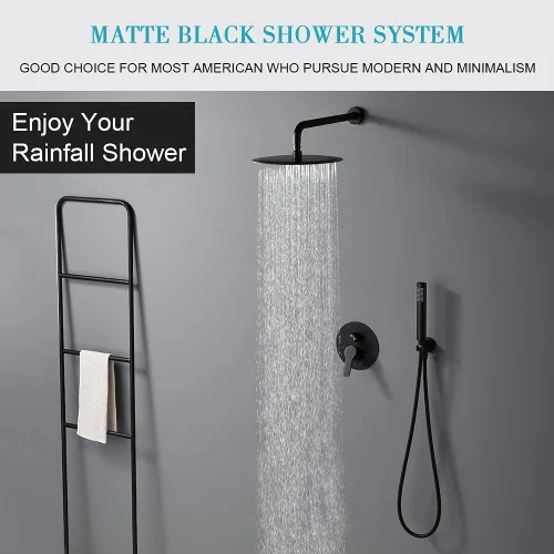 Miniatura 2 de Juego de grifo de ducha negro mate, sistema de ducha de lluvia que contiene cabezal de ducha de lluvia de 10 pulgadas con mano, juego de accesorios