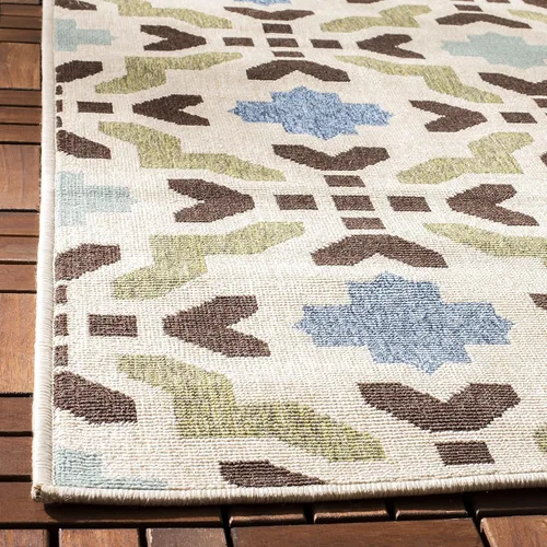 Miniatura 4 de SAFAVIEH Alfombra lavable al aire libre Veranda Collection – Alfombra de pasillo de 2 pies 3 x 8 pies, color crema y aguamarina, no desprende pelusa
