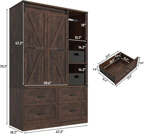 Miniatura 2 de Armario rústico de 3 puertas con puerta corrediza plegable de granero y luces, armario LED con cajones para dormitorio, armario de madera Marrón