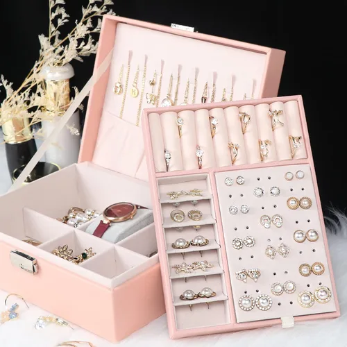 Miniatura 6 de Joyero para mujeres y niñas, contenedor organizador de joyas de 2 capas con cerradura, estuche de almacenamiento de piel sintética con bandeja