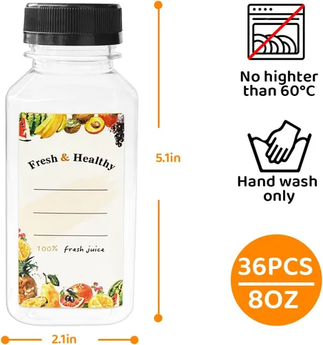 Miniatura 3 de 36 unidades de botellas de plástico de 8 onzas con tapas, botellas de jugo con tapas, recipientes reutilizables transparentes para bebidas a granel