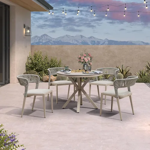 Miniatura 75 de PURPLE LEAF Juego de comedor redondo de 5 piezas de gran tamaño, marco de aluminio y mimbre de ratán para patio, mesa y sillas con cojines
