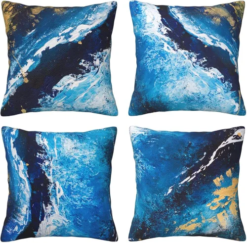 Juego de 4 fundas de almohada de 18 x 18 pulgadas, color azul oscuro y dorado, fundas decorativas para sofá, decoración de casa de campo para sofá