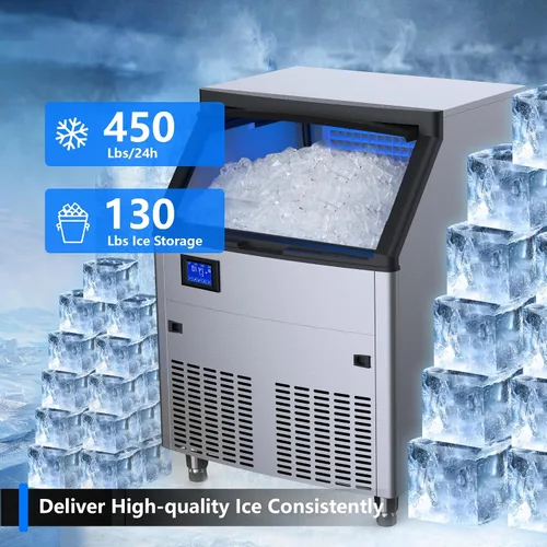 Miniatura 2 de Coolake Máquina comercial para hacer hielo de 450 libras/24 horas con almacenamiento de 130 libras, máquina de hielo de acero inoxidable debajo