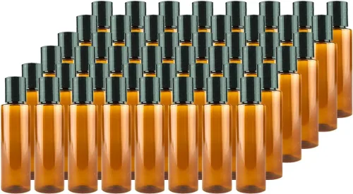 Miniatura 10 de Botellas de plástico ámbar (paquete de 12) – Botella de plástico ámbar de 1 onza con tapas de rosca; se utiliza como champú reutilizable, loción