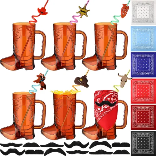 Miniatura 7 de Sliner 30 piezas de recuerdos de fiesta de vaquero incluyen 6 tazas de botas de vaquero de 20 onzas, 6 pajitas de plástico de vaquera, 6 bandanas