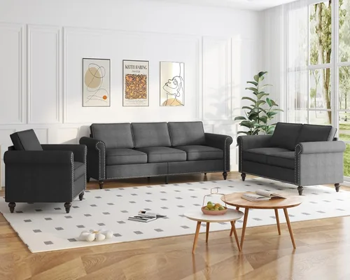 Miniatura 17 de PUREMIND Juego de sofá de 2 piezas para muebles de sala de estar, juego de sofá y silla de oficina moderno de lino con patas de madera maciza, sofá