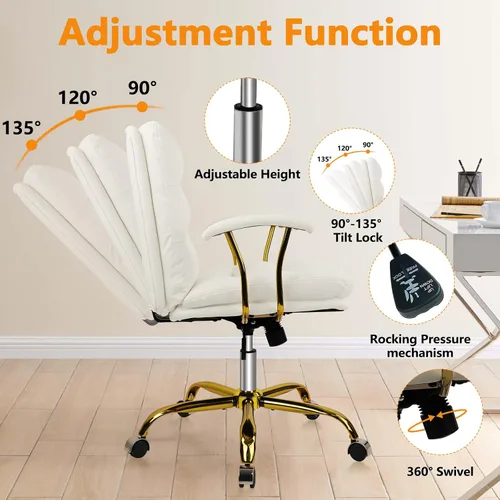 Miniatura 8 de KLASIKA Silla de escritorio de cuero para oficina en casa, silla de tocador de respaldo medio, silla de maquillaje con ruedas doradas y reposabrazos