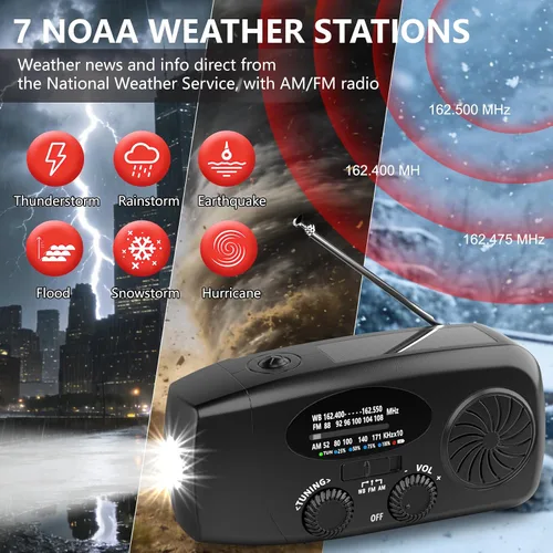 Miniatura 2 de Radio de emergencia meteorológica, radio de manivela solar portátil AM/FM/NOAA, cargador de teléfono celular con SOS, linterna LED de 1 W, conector