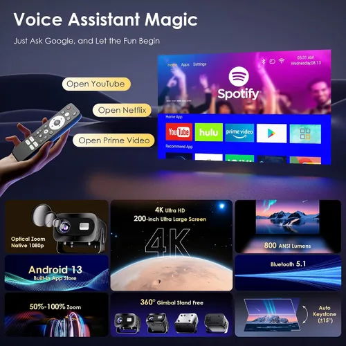 Miniatura 2 de Proyector con WiFi y Bluetooth, enfoque eléctrico y Keystone vertical, soporte HD 4K de 1080P, proyector inteligente con aplicaciones de transmisión