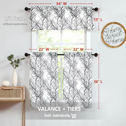 Miniatura 3 de FMFUNCTEX Cortinas de cenefa de ventana con estampado de ramas de árbol negro, cenefa corta semitransparente blanca para cocina, baño, bolsillo