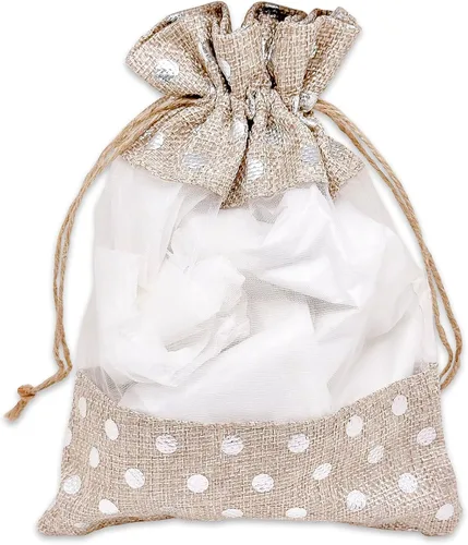 Miniatura 2 de 12 paquetes de grandes bolsas de regalo de arpillera de lino y organza con cordones (16.5x21.5 cm, beige/plata de lunares) - Favores de fiesta