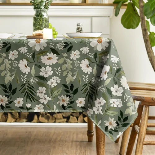 Miniatura 3 de Horaldaily Mantel de primavera rectangular de 52 x 70 pulgadas, estilo Shabby Chic estilo apagado, hojas de margarita verde grisáceo, lavable