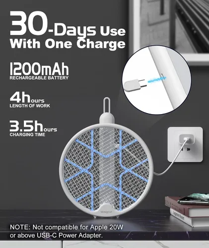 Miniatura 8 de MOSQZAP Matamoscas eléctrico, raqueta plegable para exterminador de insectos, matamoscas electrónico de 3,500 voltios con atractor de luz púrpura