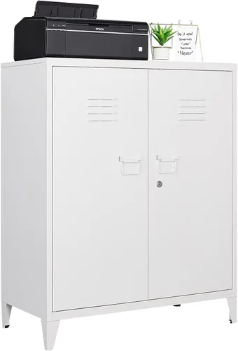 Miniatura 15 de Armario de almacenamiento de metal con 2 puertas y estantes ajustables, armario de metal ancho, gabinete de almacenamiento bajo, gabinete de acento