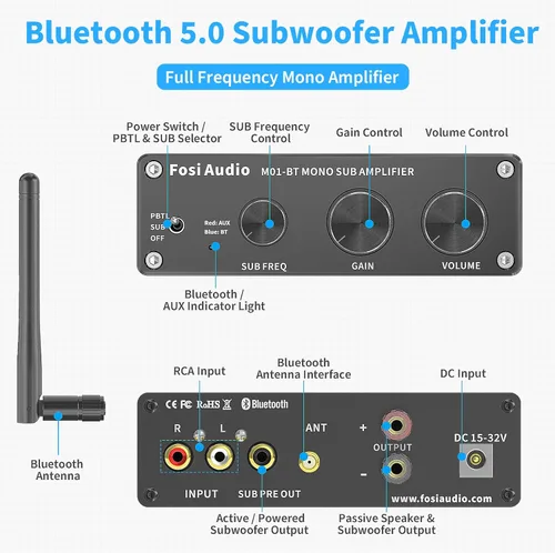 Miniatura 2 de Fosi Audio M01-BT Bluetooth 5.0 300 vatios amplificador de subwoofer de cine en casa de frecuencia completa Mini audio estéreo Hi-Fi mono
