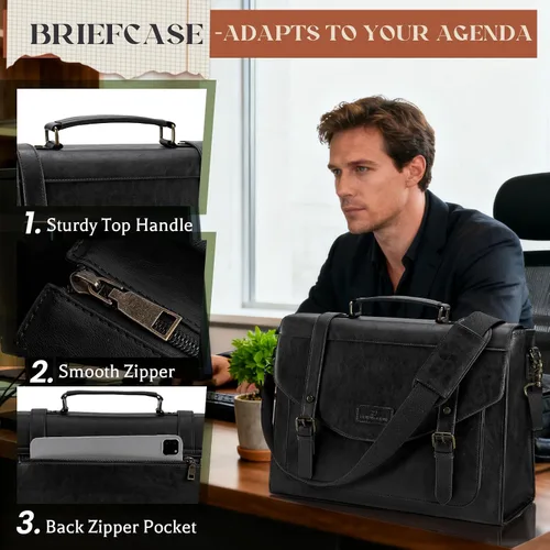 Miniatura 5 de RAINSMORE Bolso bandolera con solapa para hombre, de piel sintética vintage, estilo retro, de 15.6 pulgadas, con cartera, para laptop