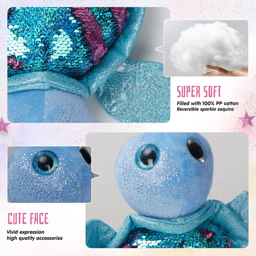 Miniatura 5 de Animal de Peluche de Tortuga Marina con Lentejuelas Reversibles, Juguete de Felpa Suave y Brillante de la Vida Oceánica, Almohada Decorativa