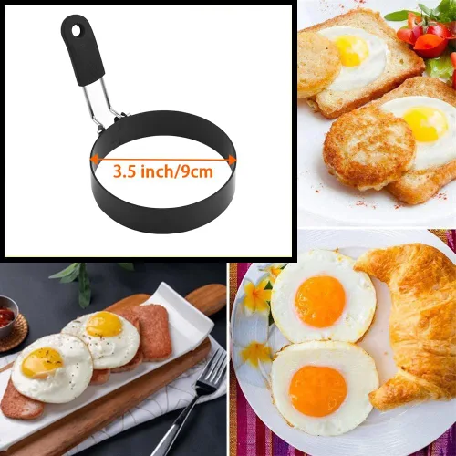 Miniatura 6 de Anillos de huevo de 3.5 pulgadas para freír huevos y magdalenas inglesas, anillos de huevo de acero inoxidable con mango plegable, paquete de 2