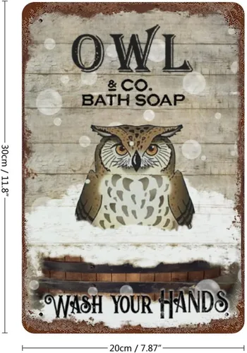 Miniatura 2 de Placa colgante de hierro vintage con diseño de búho y jabón de baño de metal, letrero de lata de metal con texto "Wash Your Hands", estampado